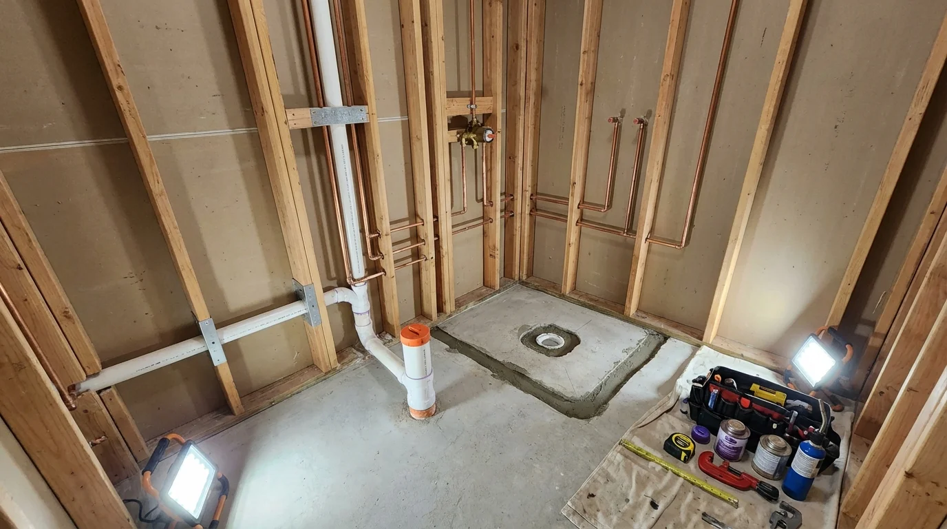 Bathroom rough-in plumbing during remodel by Johns Plumbing LLC in Milan