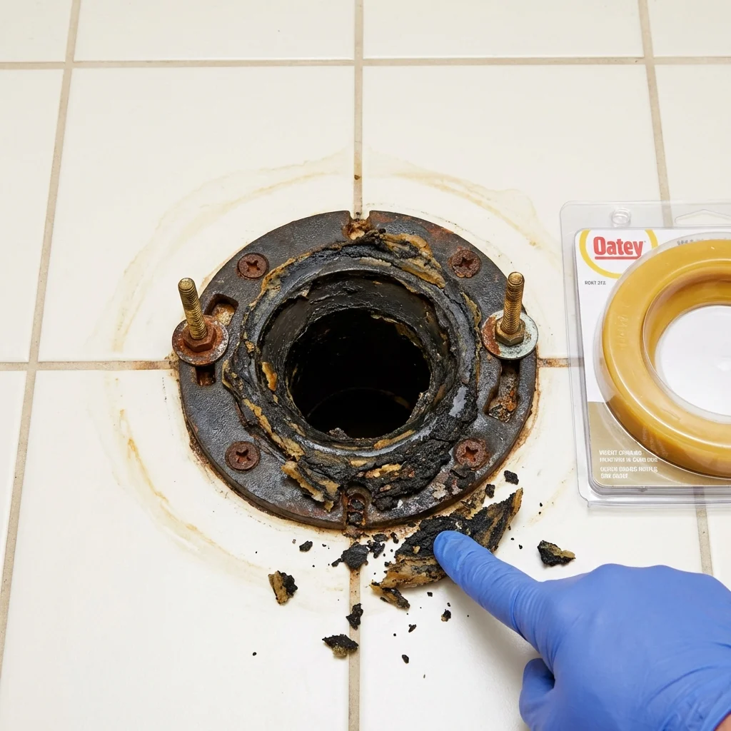 Failed wax ring showing water seepage at the base of a toilet in a Milan, NM home
