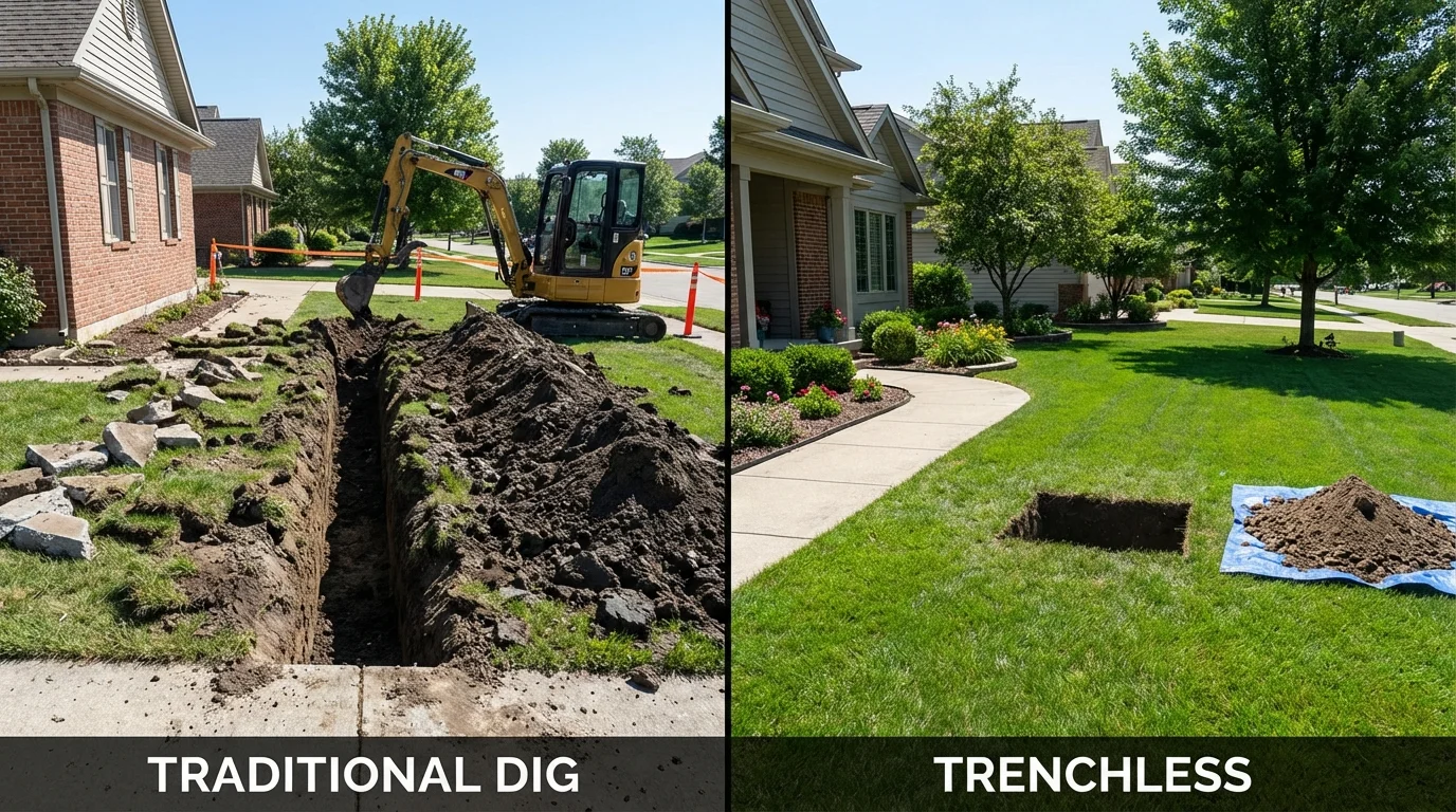Trenchless sewer repair with minimal yard damage versus traditional excavation in Milan, NM